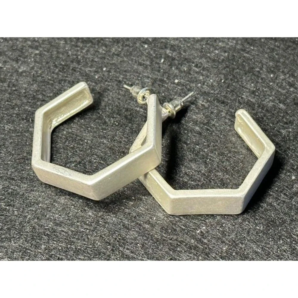 Silver Tone Hexagon Shaped Hoop Earrings Geometric Modern Style New with Tags